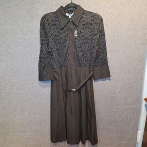 Missmay Black‎ Lace Collared Shirt Dress Midi Belted XL Retro Gorgeous City